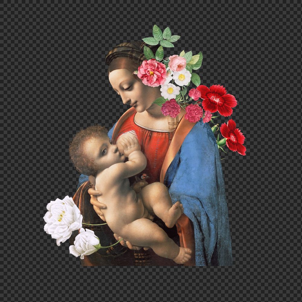 Mother and child png sticker, Madonna Litta, Leonardo da Vinci's artwork mixed media editable design. Remixed by rawpixel.