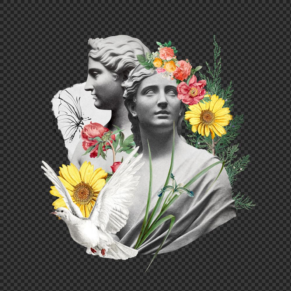Floral statue png sticker, mixed media editable design. Remixed by rawpixel.