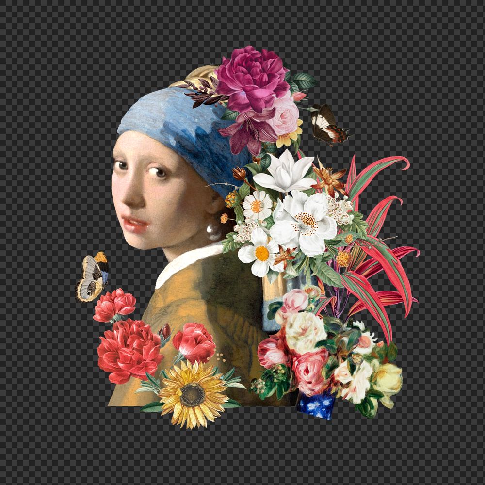Floral lady png sticker, Johannes Vermeer's artwork mixed media editable design. Remixed by rawpixel.