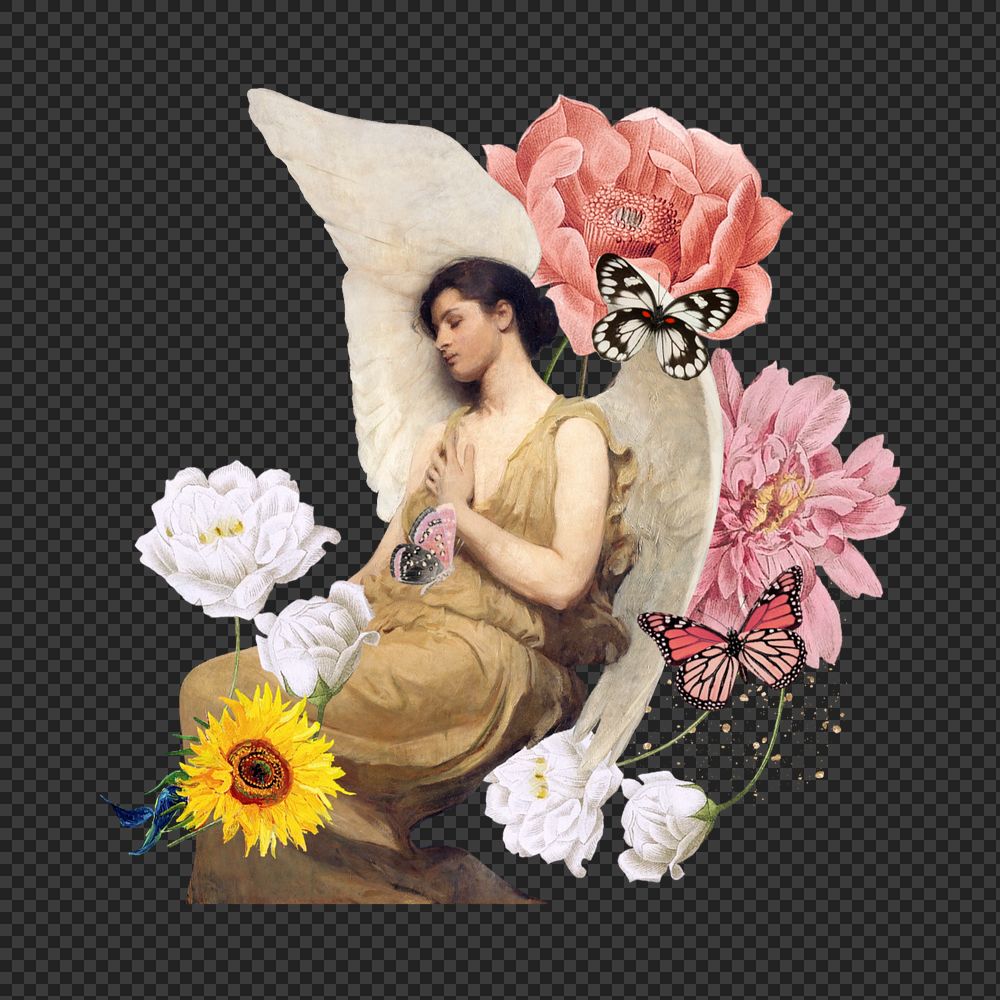 Floral angel png sticker, mixed media editable design. Remixed by rawpixel.