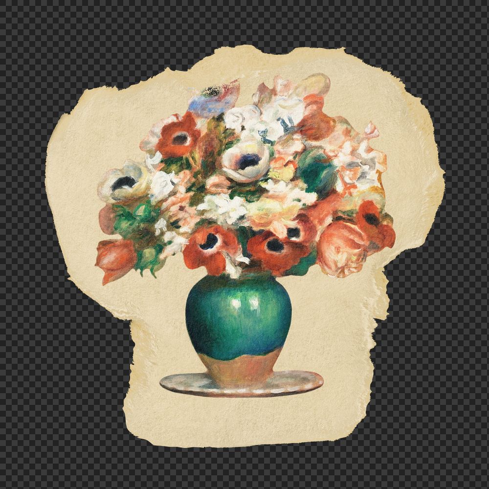 Ripped paper png mockup element, Pierre-Auguste Renoir's flower transparent background. Remixed by rawpixel.