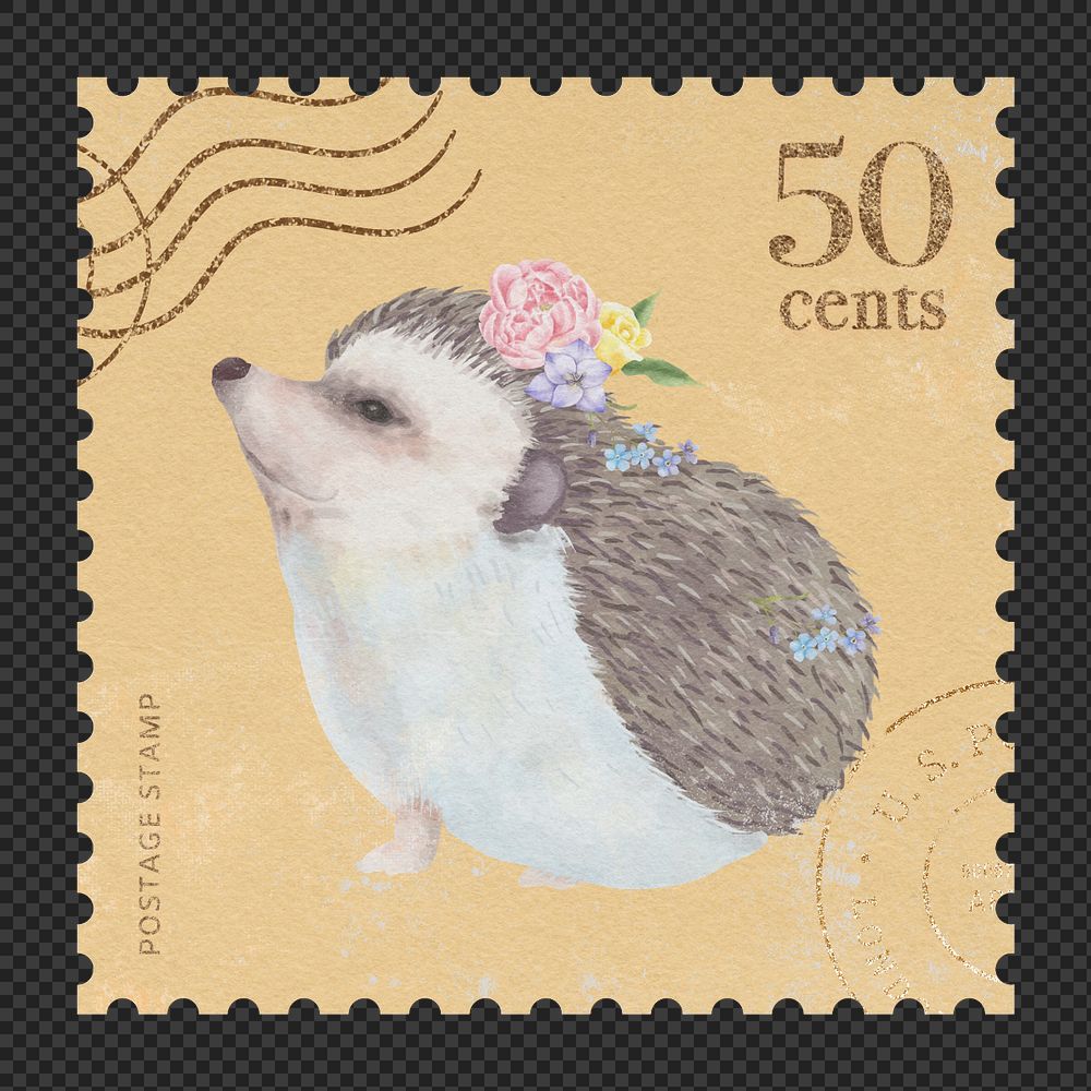 PNG postage stamp mockup element, cute hedgehog transparent background
