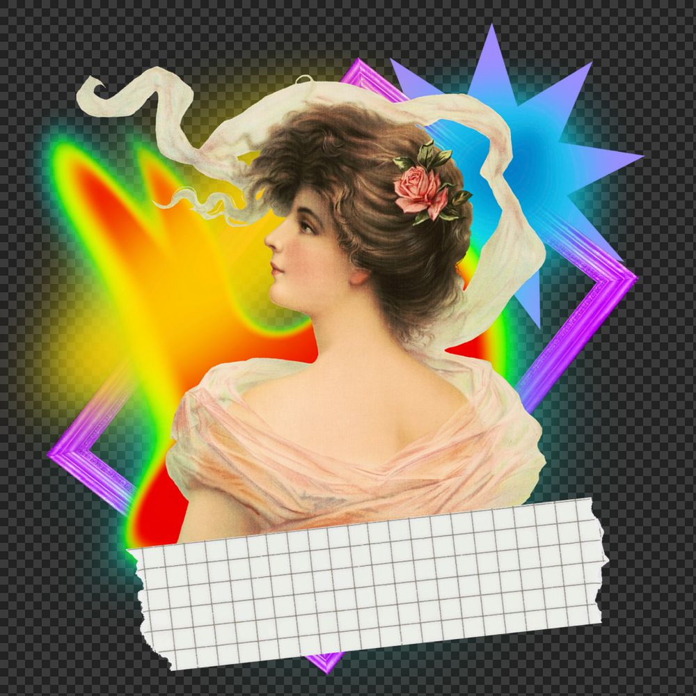 Beautiful lady png element, colorful gradient shape tape, editable design