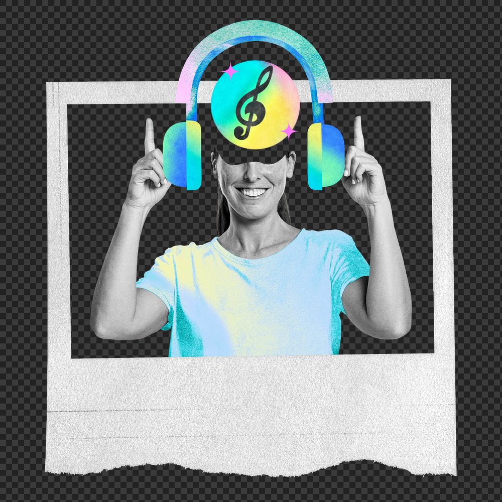 Woman listening to music, creative remix