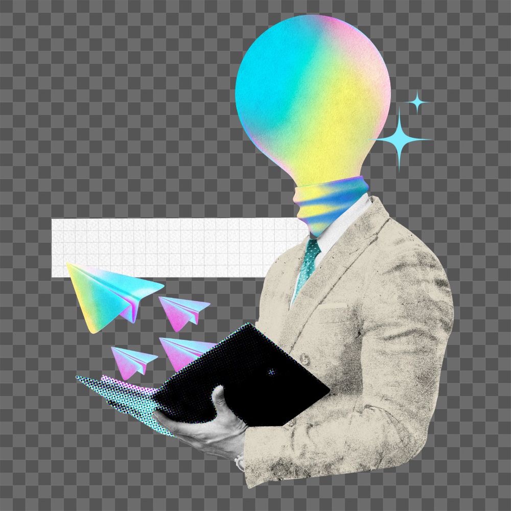 Business ideas png element, editable light bulb head man collage remix