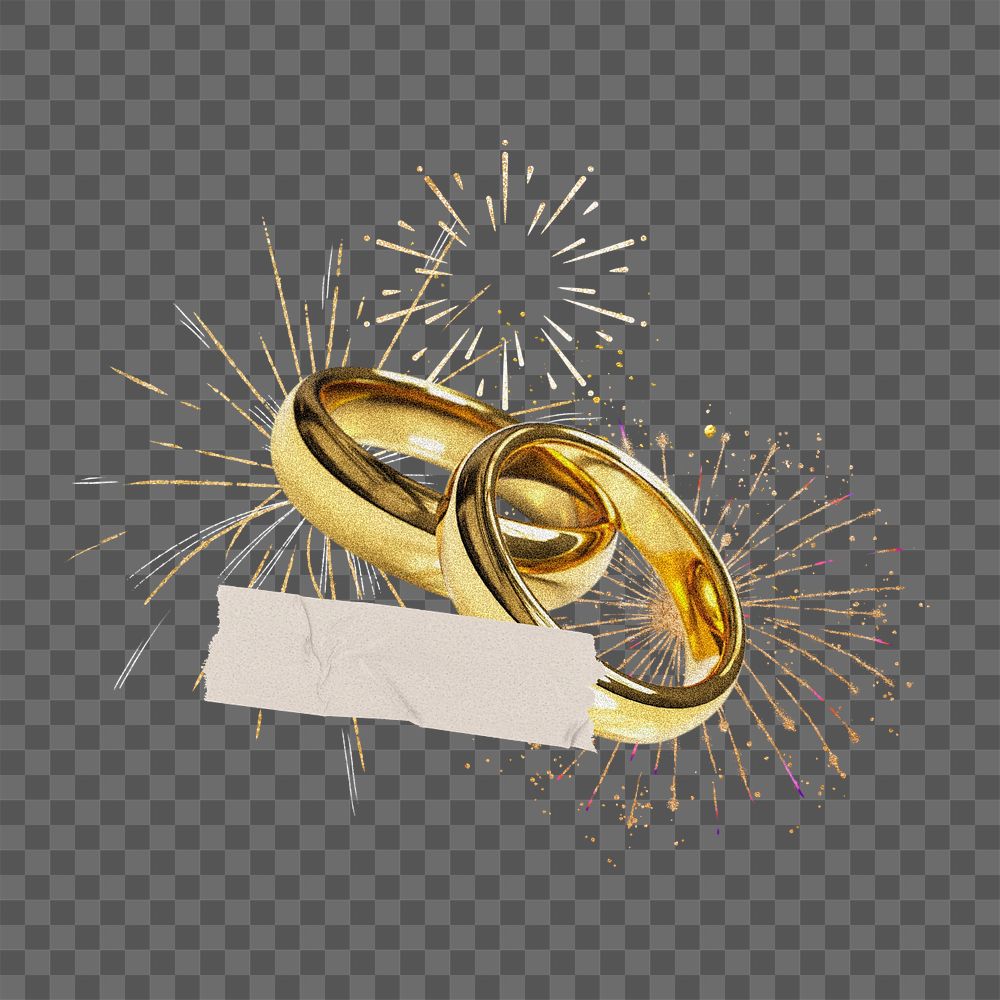 Gold wedding rings png, fireworks, celebration editable collage