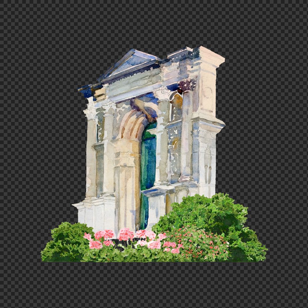 Watercolor building entrance png element, editable remix design