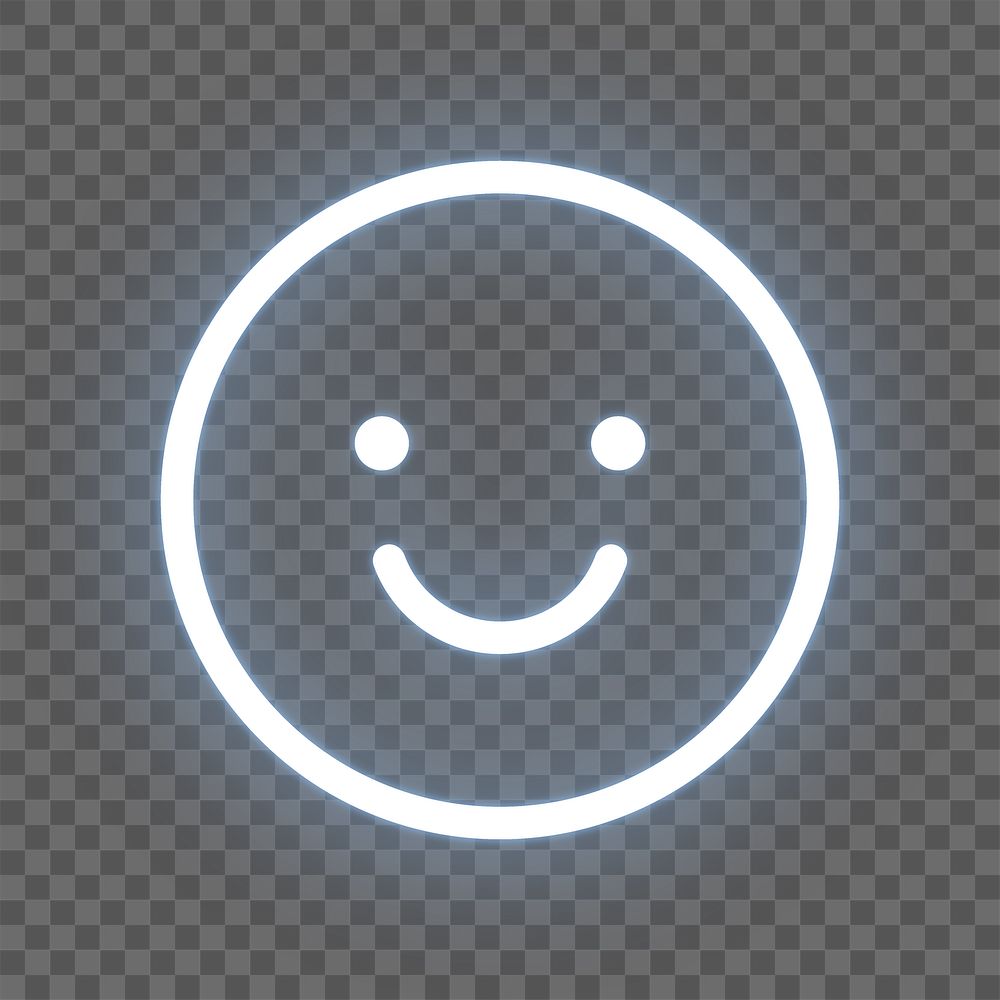 Smiling face icon png white blue neon shape, transparent background