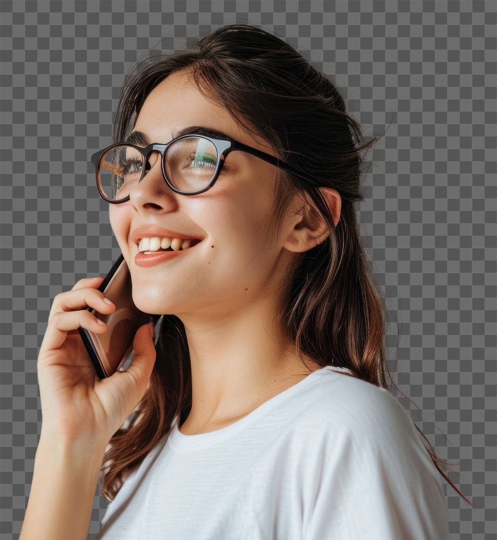 PNG Woman making phone call glasses smile contemplation. AI generated Image by rawpixel.