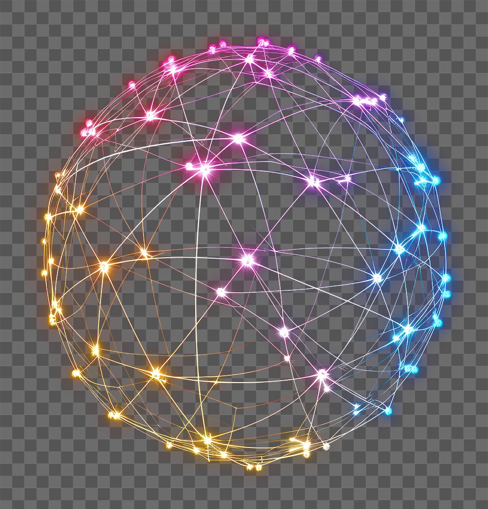 PNG Digital sphere lights connected in lines in the style of neon lights technology night space.