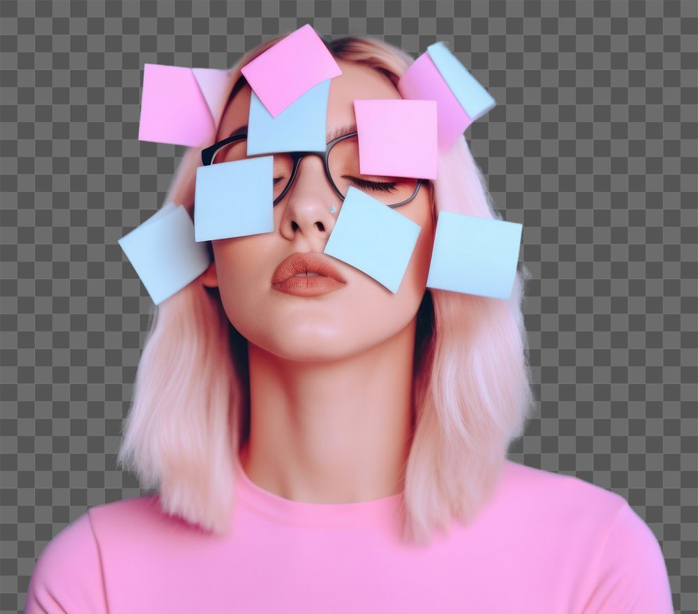 PNG Adhesive notes covering face of exhausted woman portrait adult photo. AI generated Image by rawpixel.