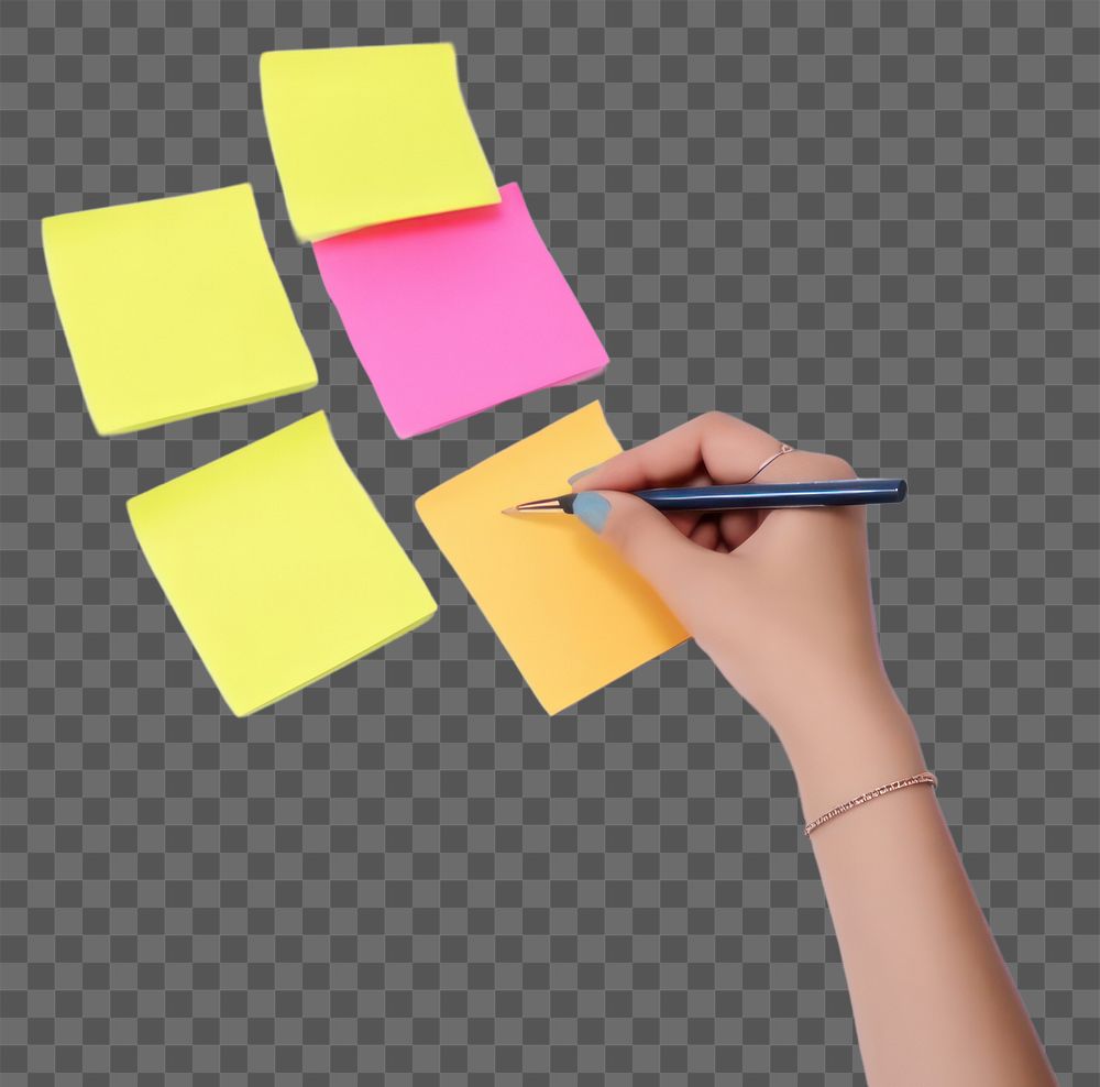 PNG Female writing new ideas on sticky note pen white background organization. AI generated Image by rawpixel.