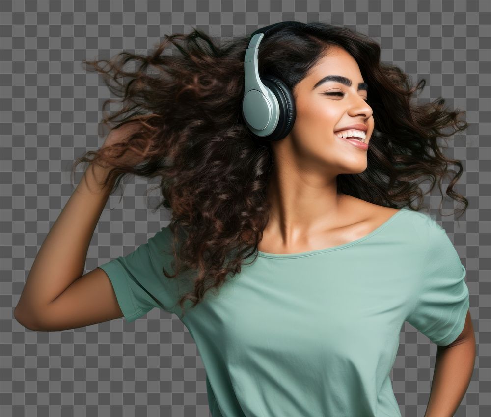 PNG South asian woman headphones listening laughing. AI generated Image by rawpixel.