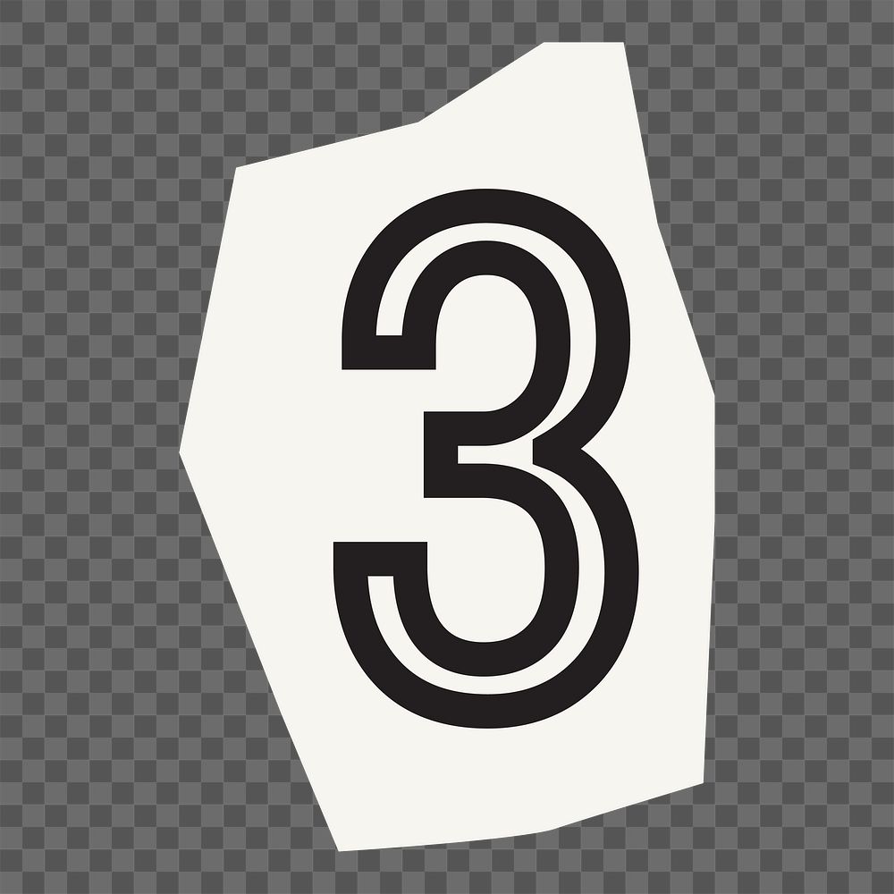 Number 3 png black&white papercut, transparent background
