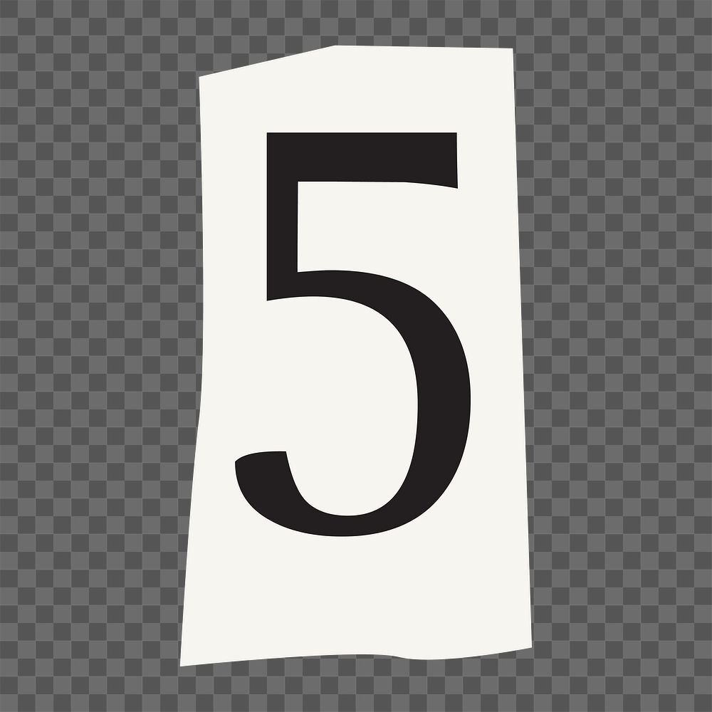  Number 5 png black&white papercut, transparent background