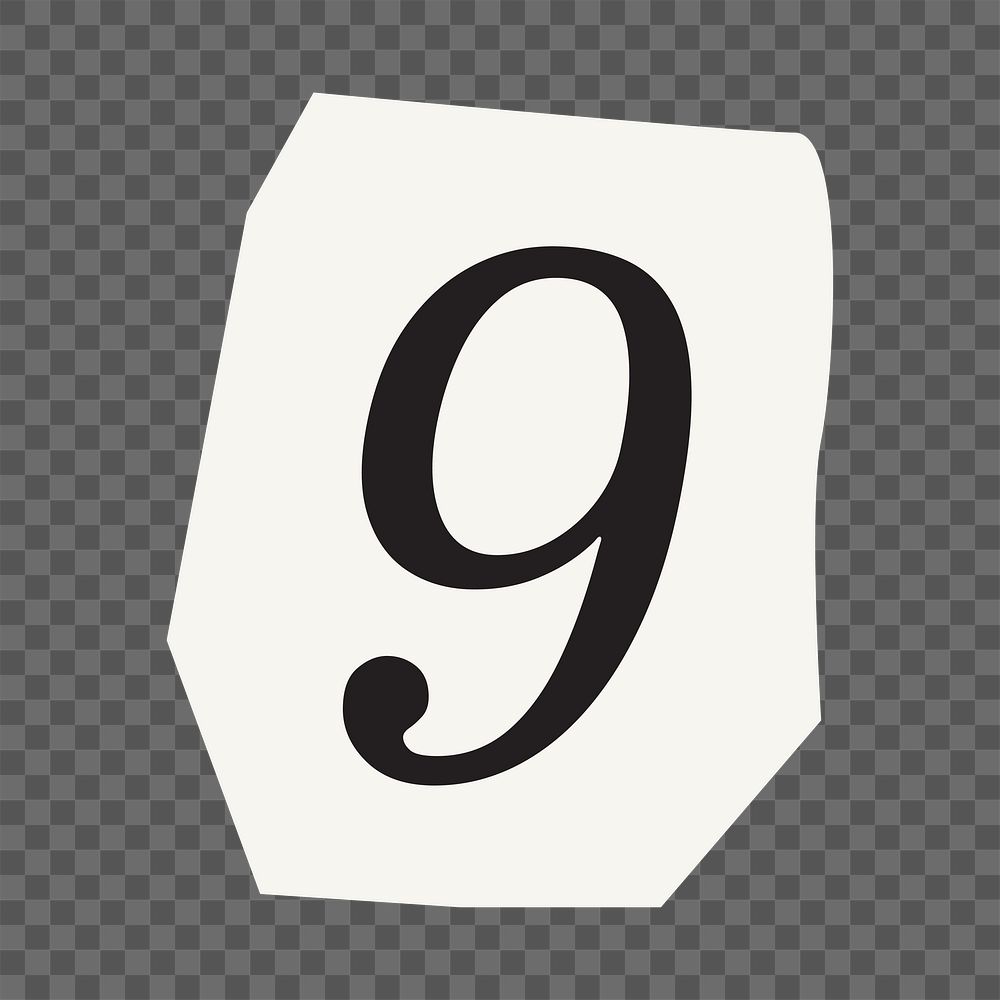  Number 9 png black&white papercut, transparent background