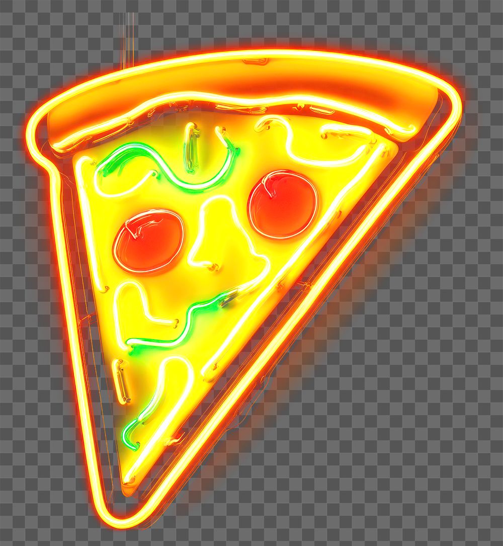 PNG Neon sign depicting a pizza slice con neon cheese bright.