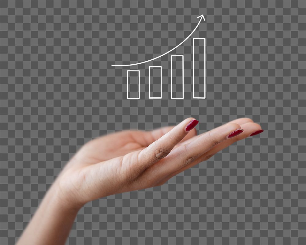 Business development graph png sticker, businesswoman's hand, transparent background