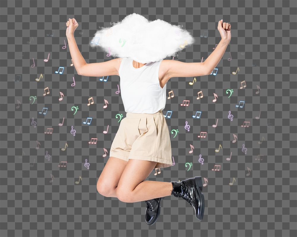 Png cloud head woman sticker, enjoying music, transparent background