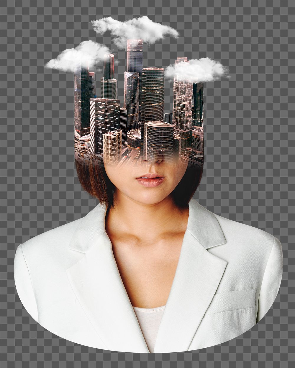Png surreal businesswoman head sticker, transparent background