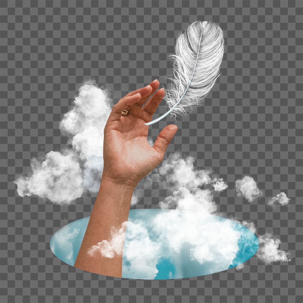 Png hand reaching sticker, sky portal design, transparent background