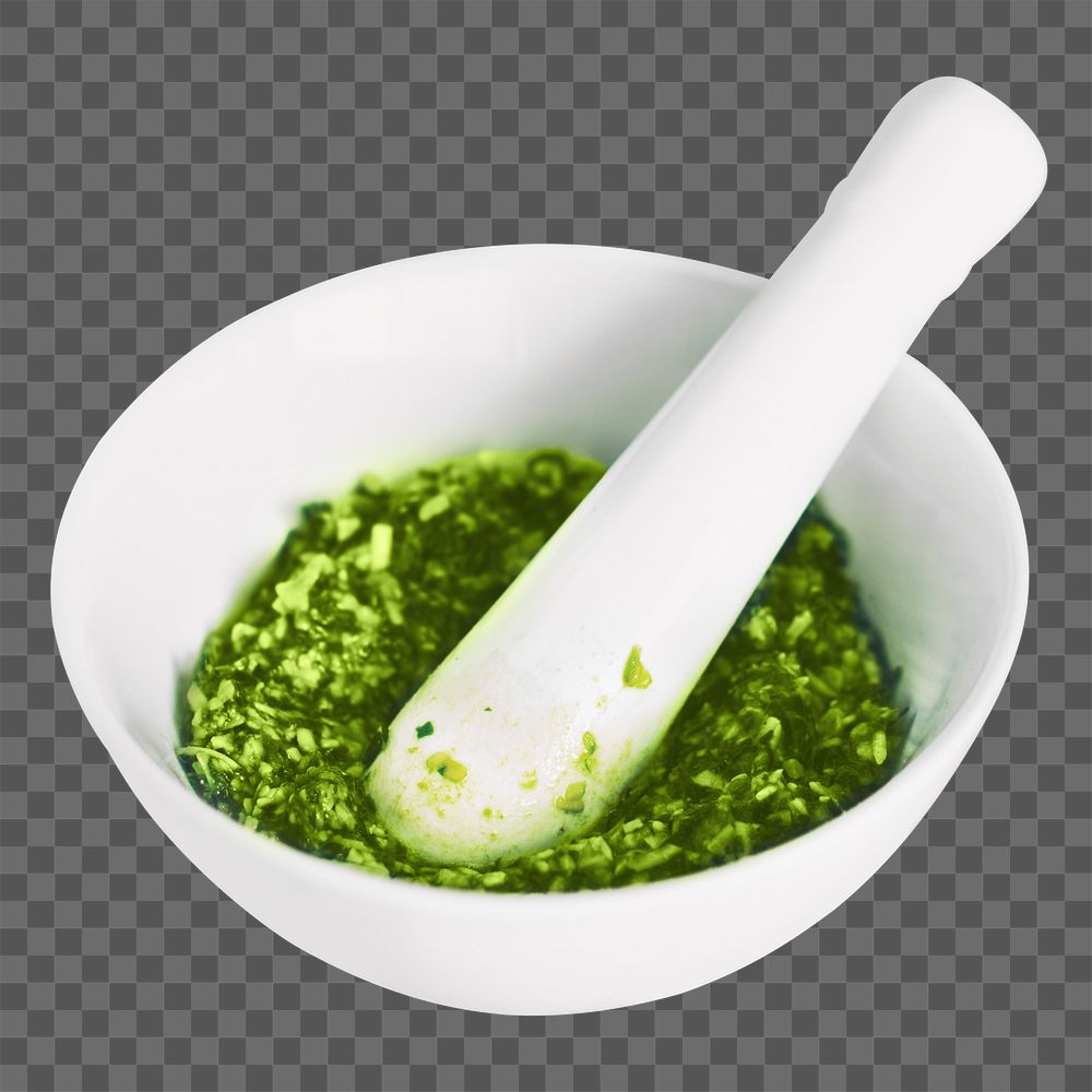 Making pesto with mortar  png sticker, transparent background