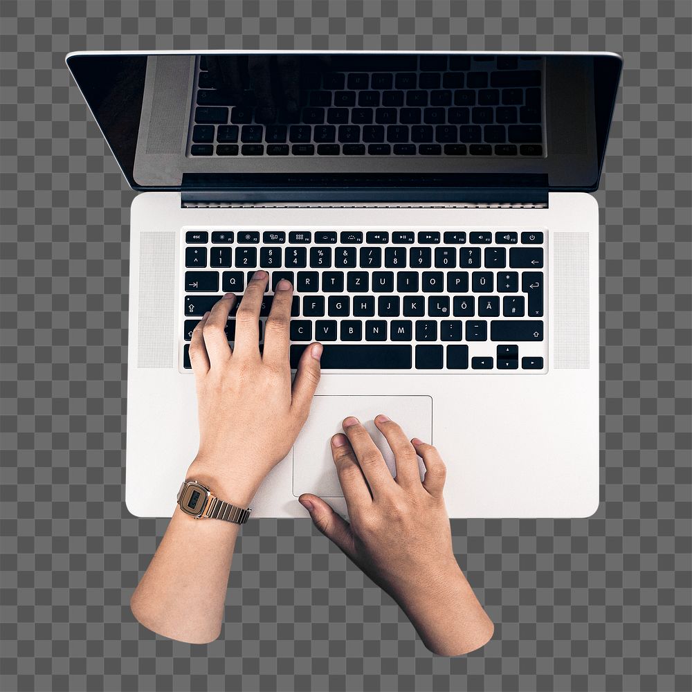 Png person using laptop sticker, transparent background