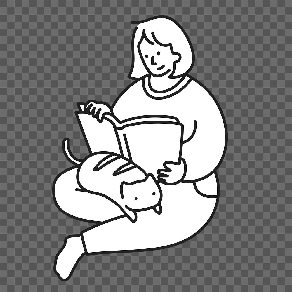 Doodle woman reading png illustration, transparent background