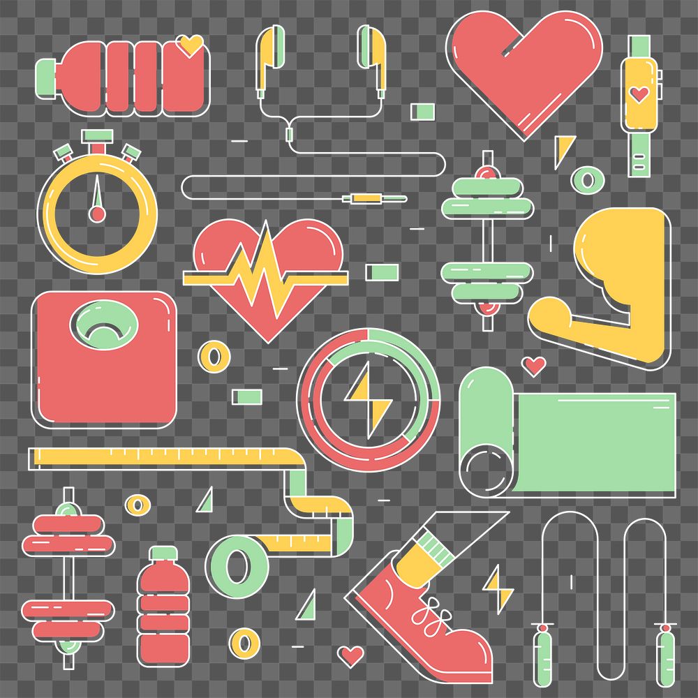 PNG Fitness, health & wellness icons collection, transparent background