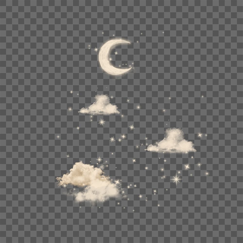 PNG Aesthetic starry sky, crescent moon and clouds, transparent background