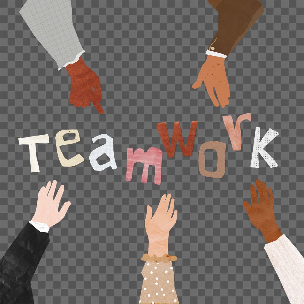 PNG Teamwork word, paper diverse hands united collage, transparent background