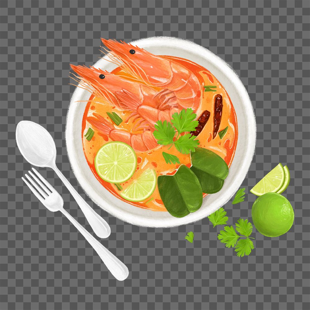 PNG Tom Yum shrimp soup, Thai food illustration, transparent background