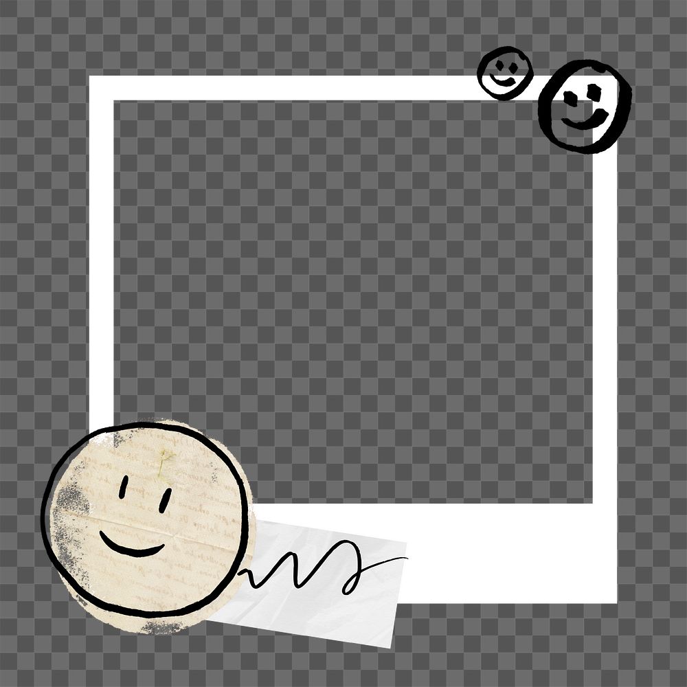 Smiling face doodle png frame, retro instant film on transparent background