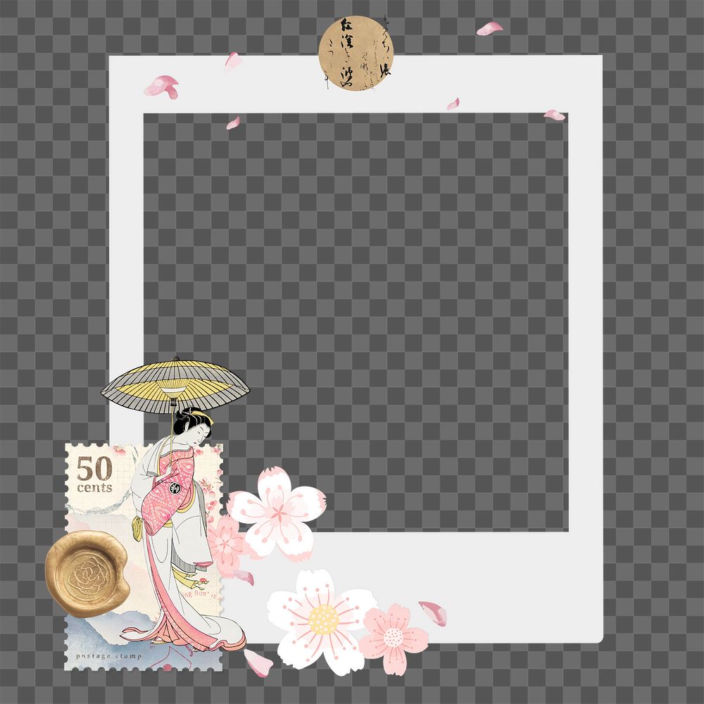 Japanese sakura png frame, retro instant film on transparent background