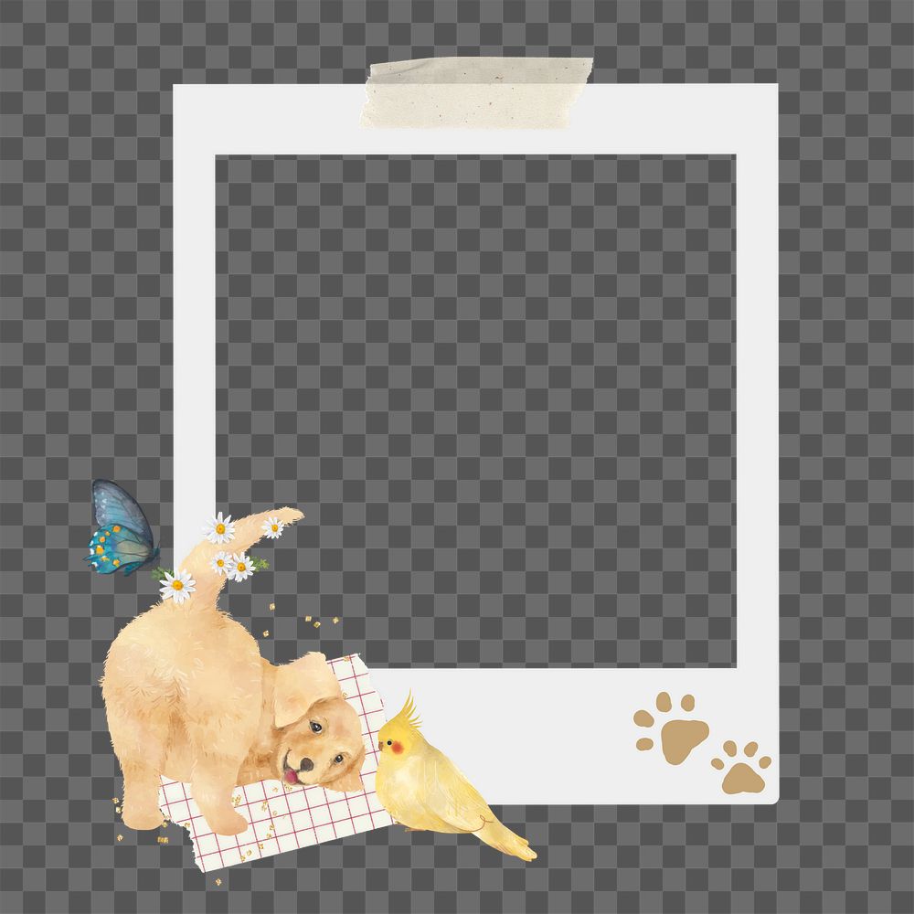 Instant film png frame, Golden Retriever dog illustration, transparent background