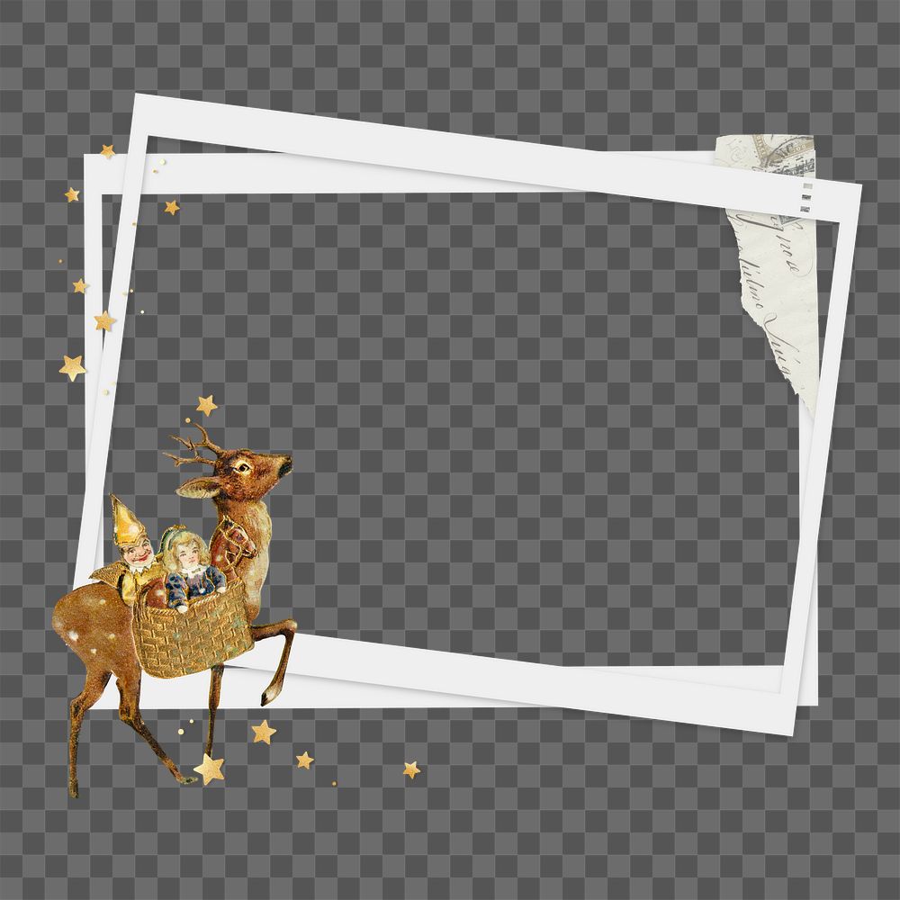Instant photo png frame, Christmas reindeer, transparent background