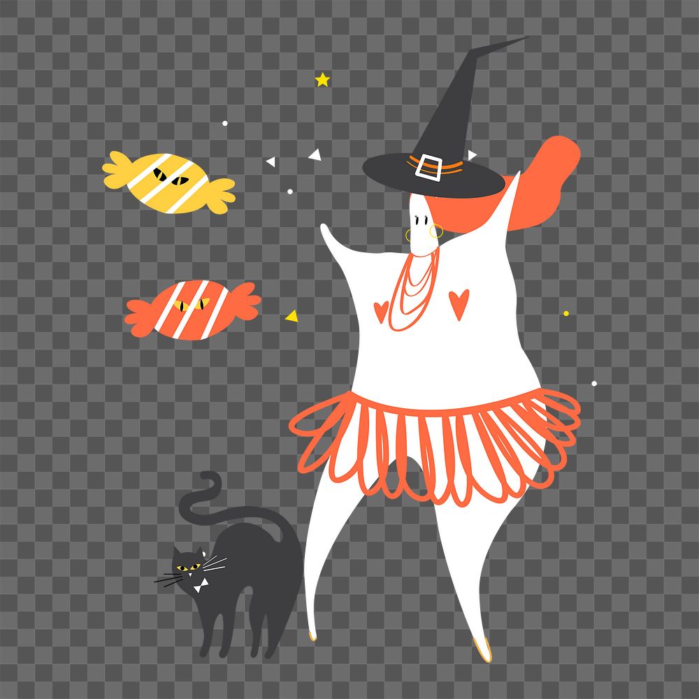 Halloween witch png sticker, dancing, festive doodle on transparent background