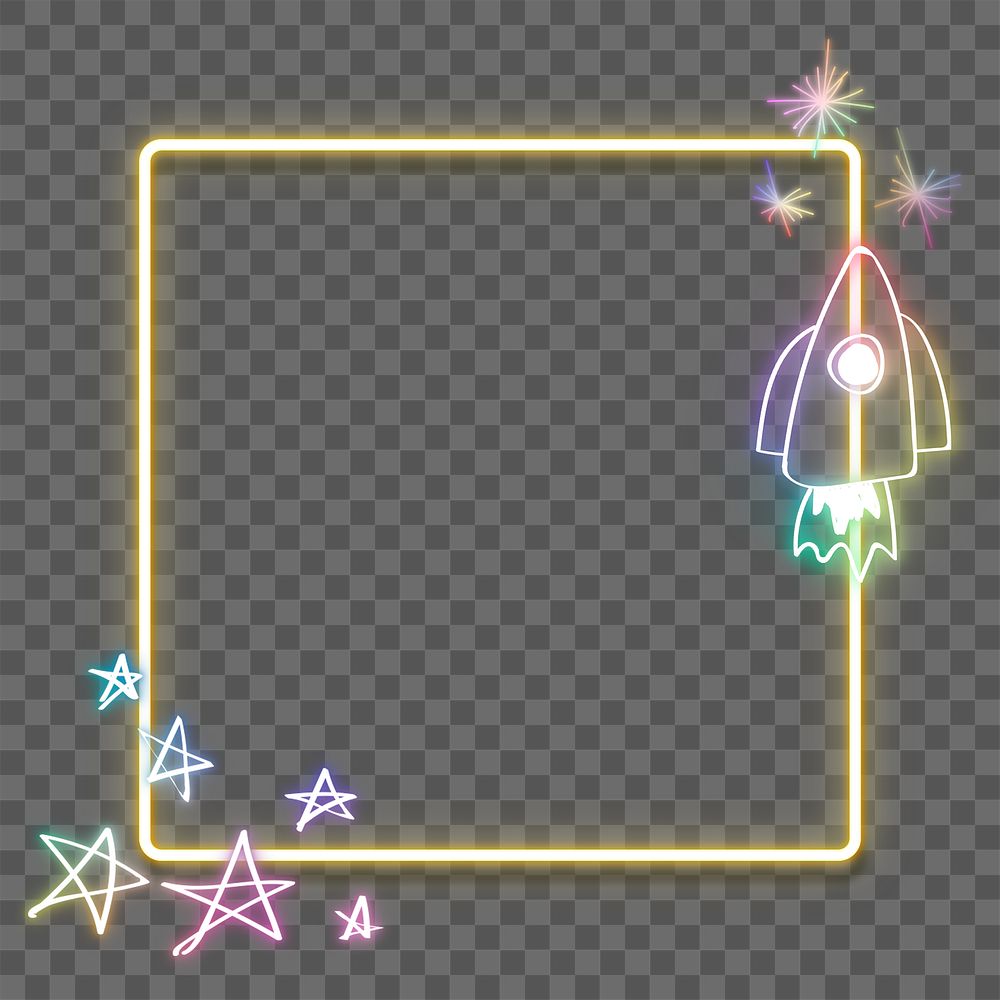 Neon frame rainbow star rocket doodle png