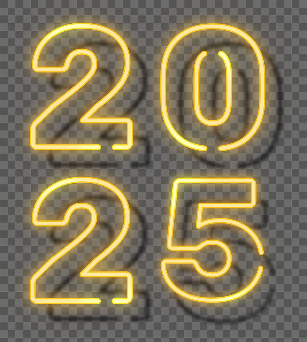 2025 png, yellow neon new year text