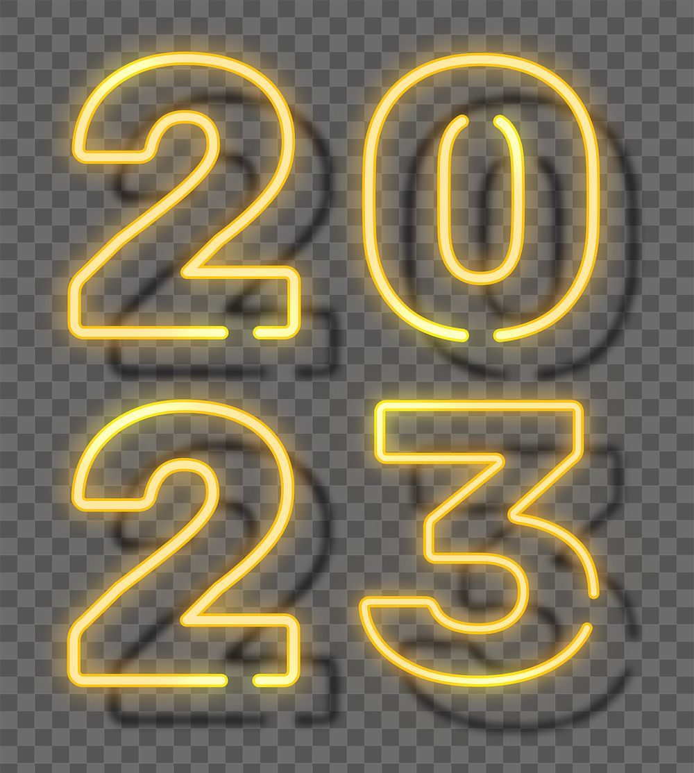2023 png, yellow neon new year text