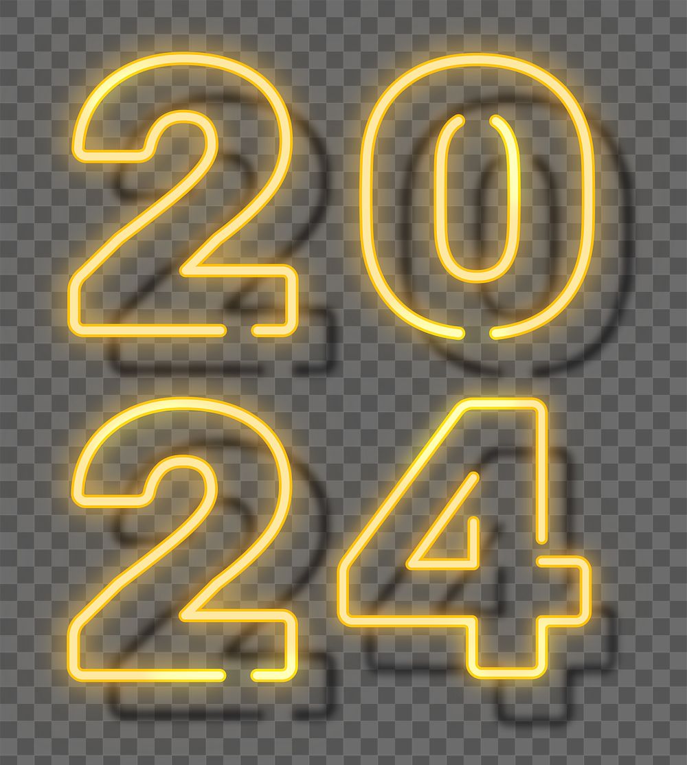 2024 png, yellow neon new year text