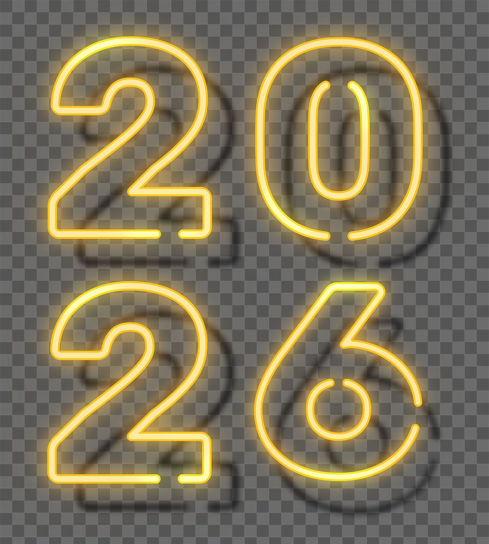 2026 png, yellow neon new year text