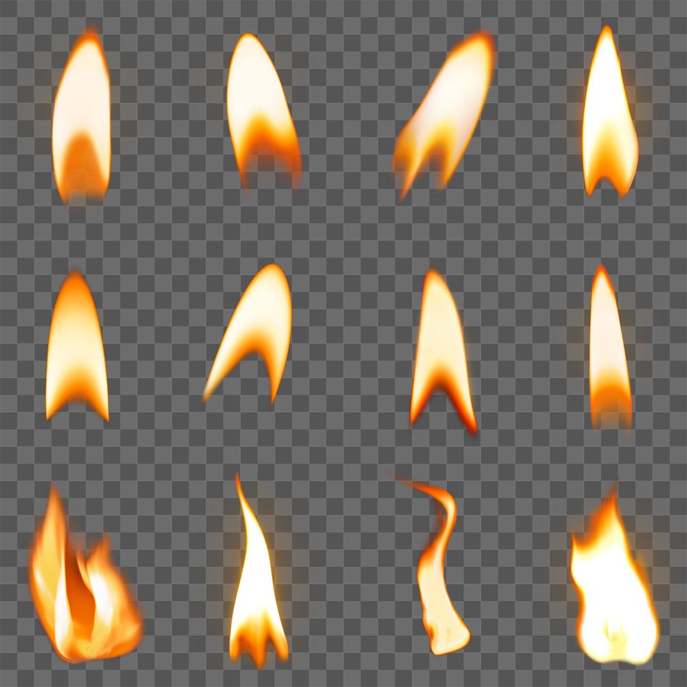 Torch flame png sticker, blue realistic burning fire set