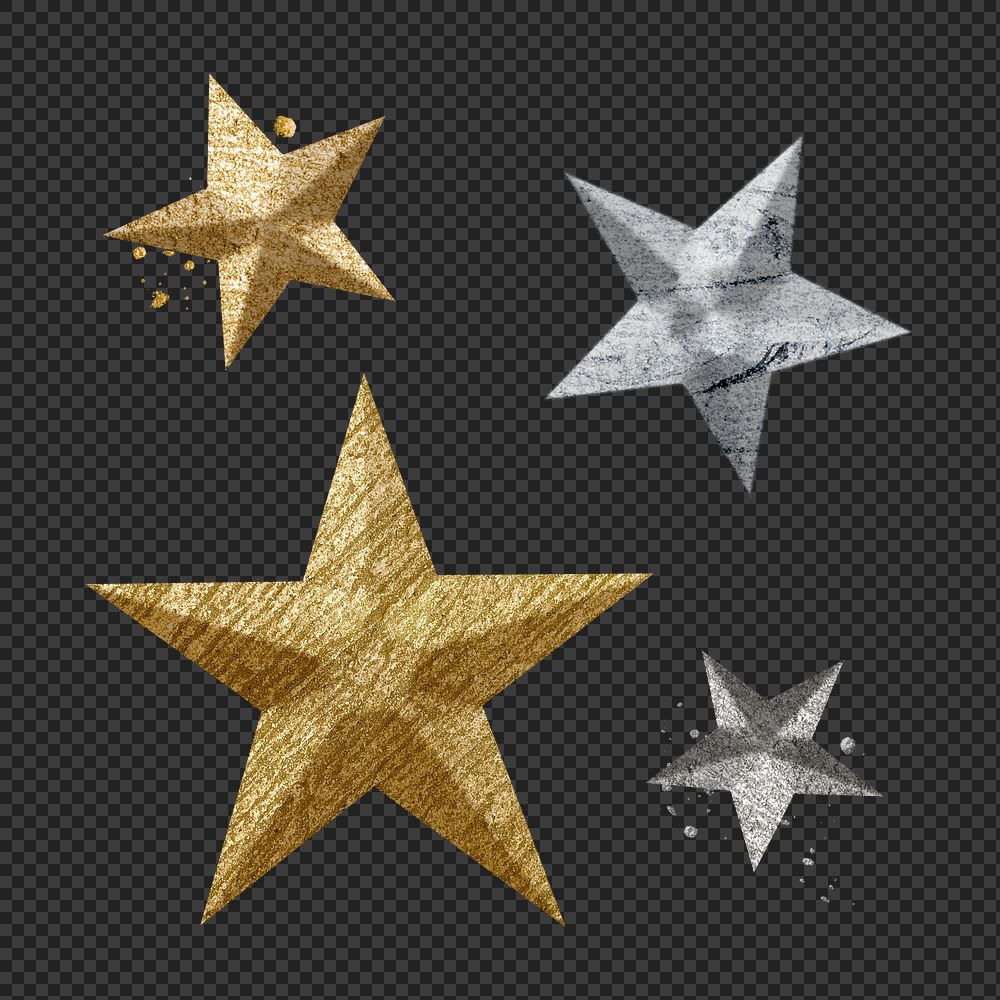 Gold & silver star png shape stickers, textured collage element on transparent background
