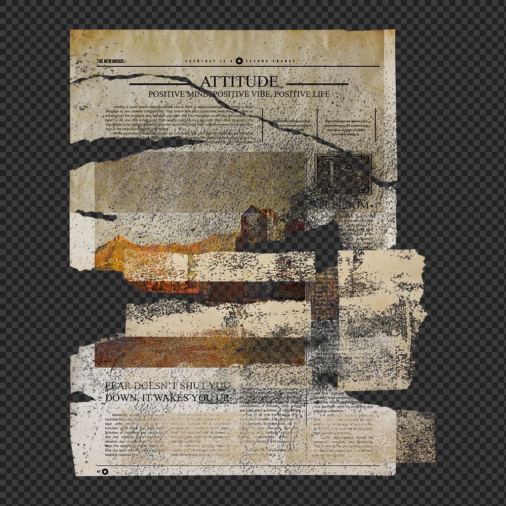 Vintage newspaper png, glued to a wall on transparent background
