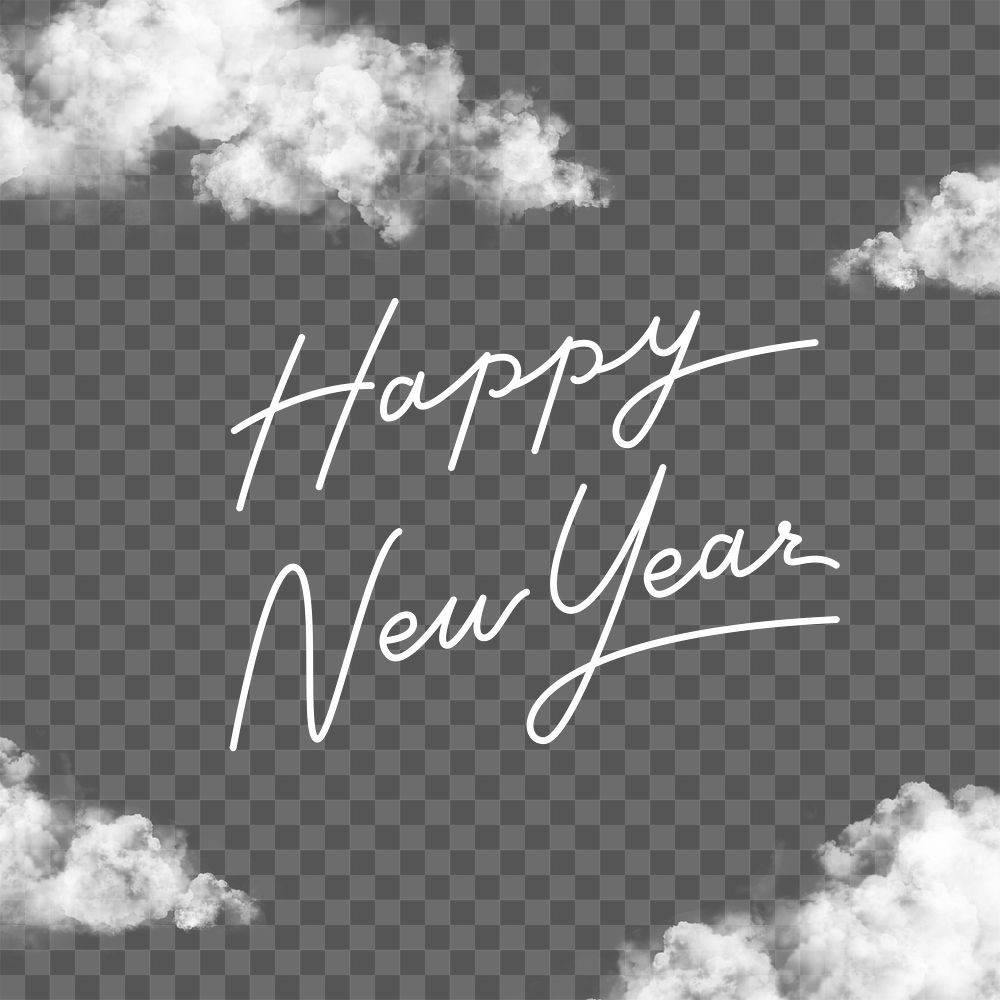 Happy New Year png, white calligraphy sticker design, transparent background