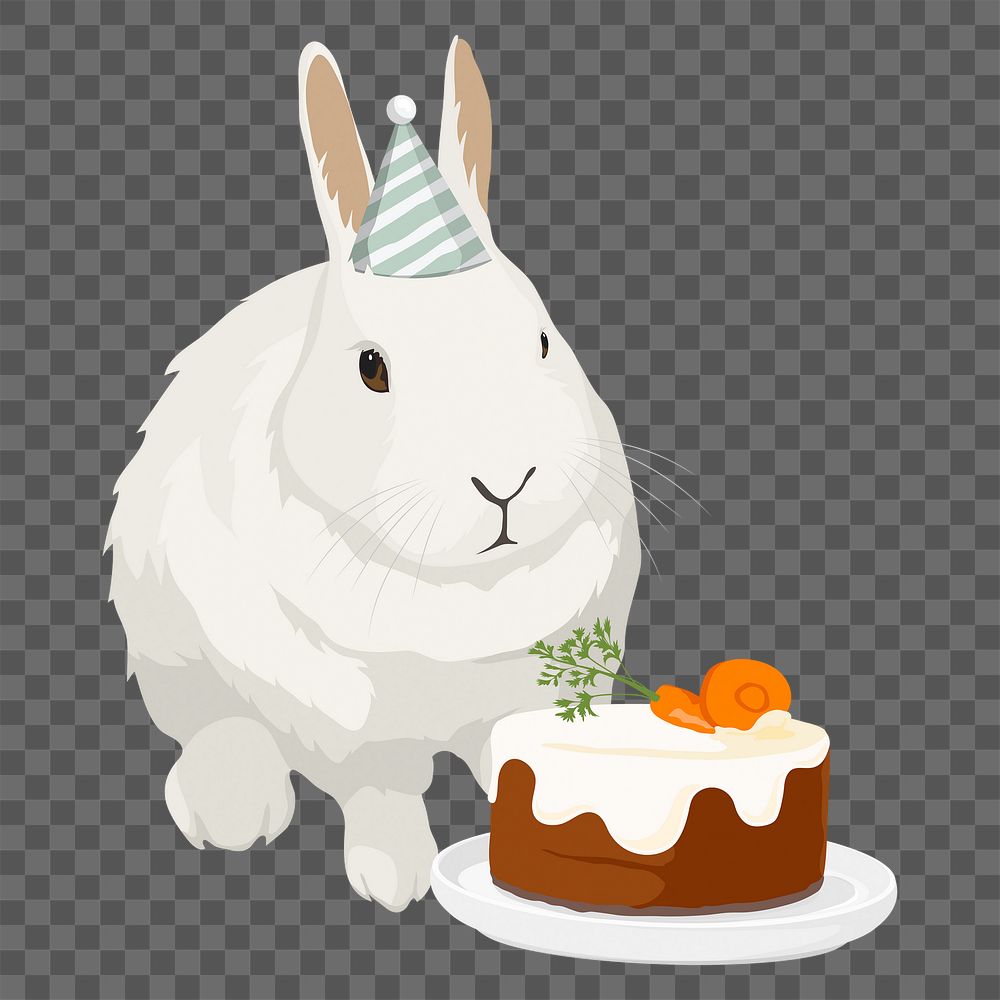 PNG rabbit birthday party, carrot cake sticker, cute animal clipart, transparent background
