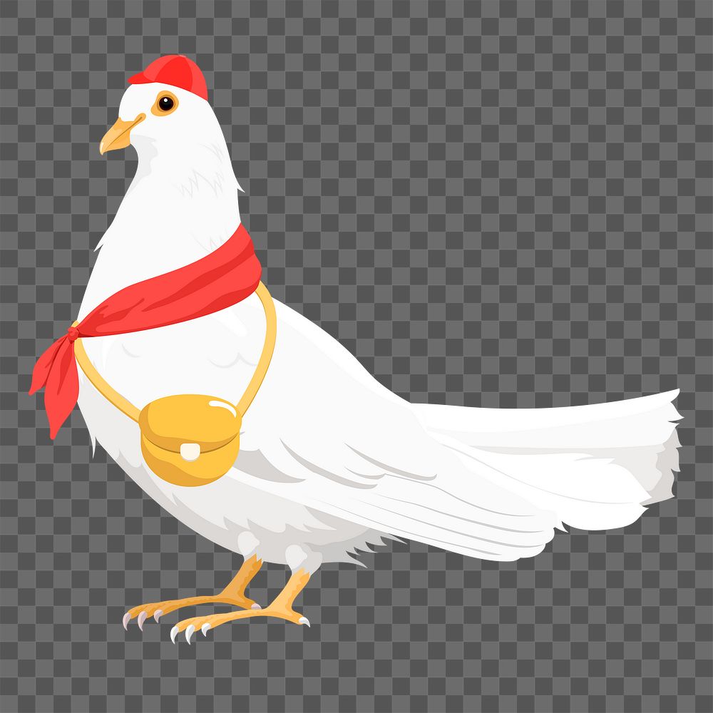 Bird png messenger sticker, white dove with a bag illustration, transparent background