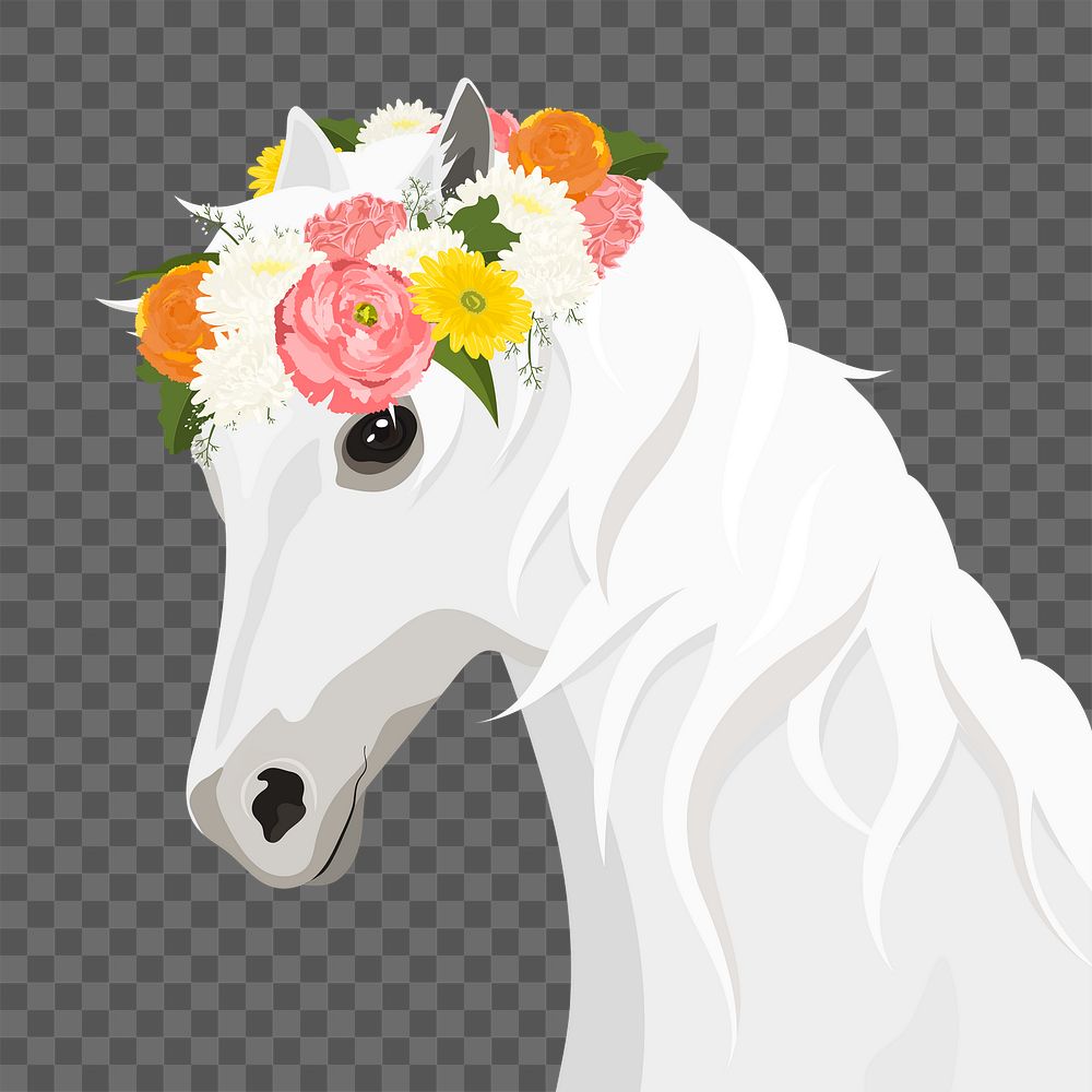Feminine horse png, flower crown illustration sticker, transparent background