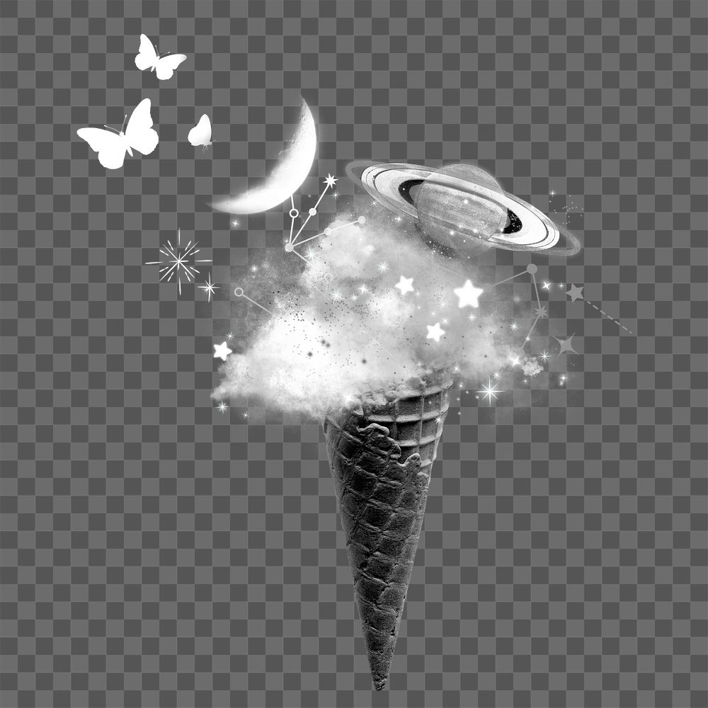 Cloudy ice cream png sticker, grayscale  transparent background